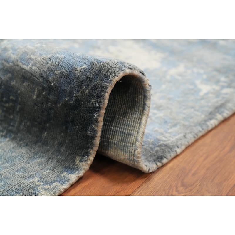 Hand Knotted Oriental Viscose Silk Carpet Modern All-Over Navy Blue & Blues Abstract Area Rug - 4' 7'' X 2' 7''