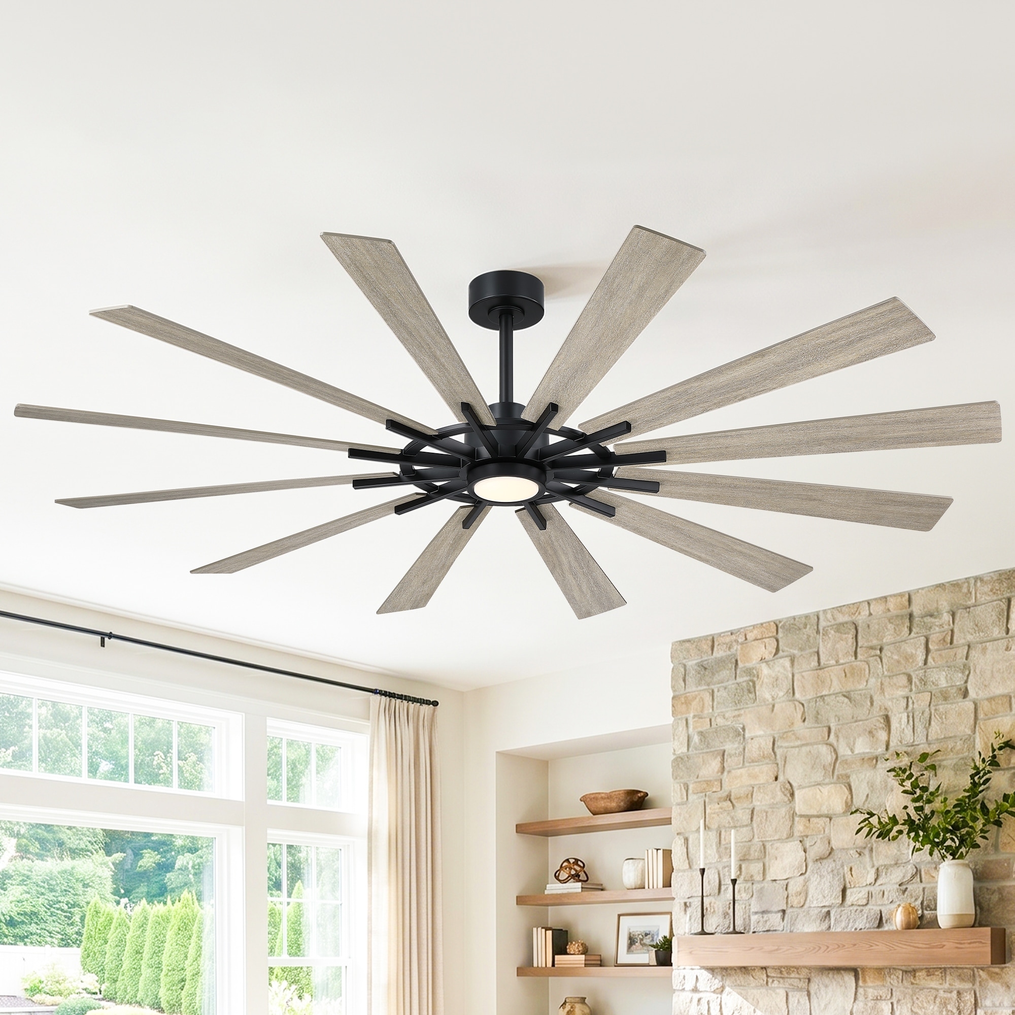 72 Inch Black Farmhouse 12-Blade Windmill Dimmable LED Ceiling Fan with Light and Remote