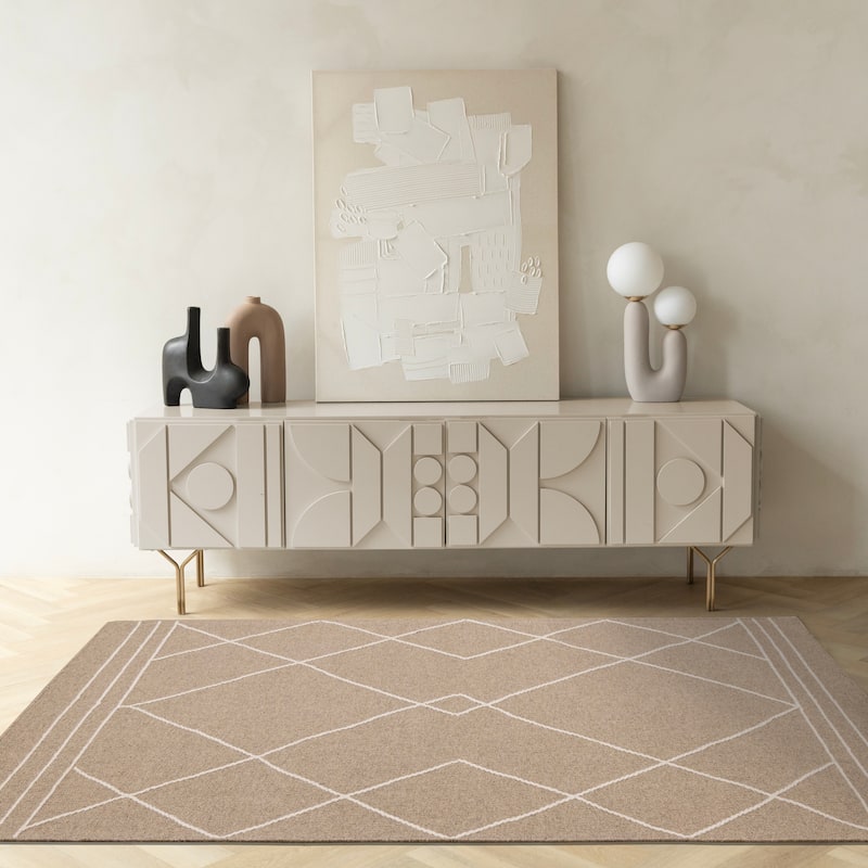 Beige Cream Diamond Lattice Handmade Wool Rug