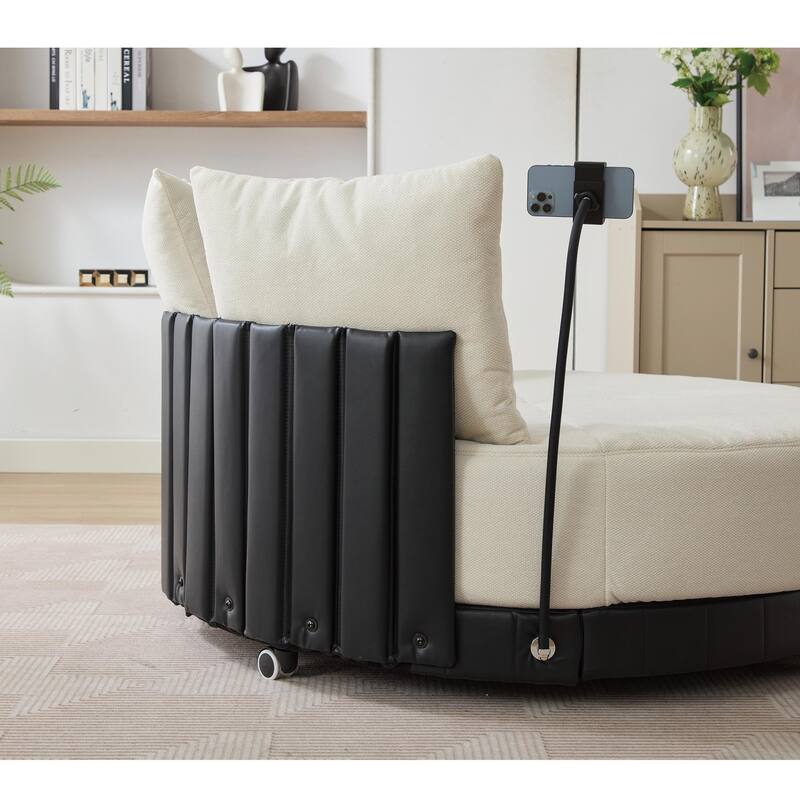 360° Swivel Barrel Chair Round Sofa Chair with Casters and Adjustable Phone Stand, Upholstered in Anti-Wrinkle Polyester Fabric