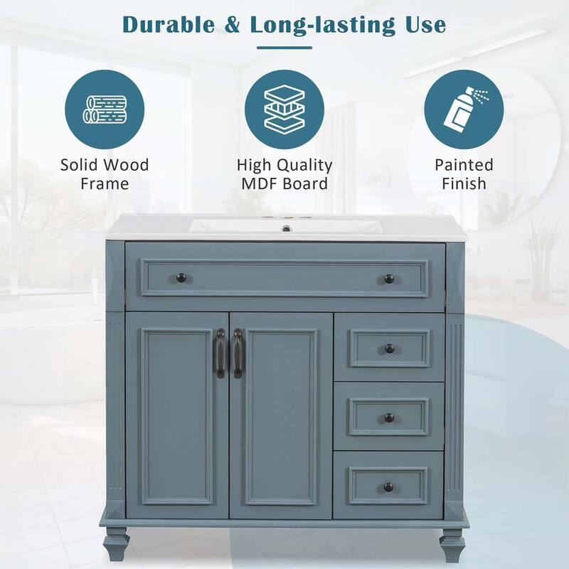 Freestanding Vanity Set with Flip-Out Drawer,3 Drawers,2 Soft-Close Doors