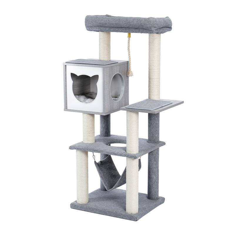 Cat Tree Multi-Level Modern Wooden Cat Tower with Hammock and Scratching Posts and Cat Condo