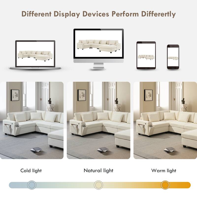U Shaped Sectional Sofa with Ottoman, Chenille 6 Seater Sofa with Hidden Armrest Storage, Cup Holders & USB Charging Ports