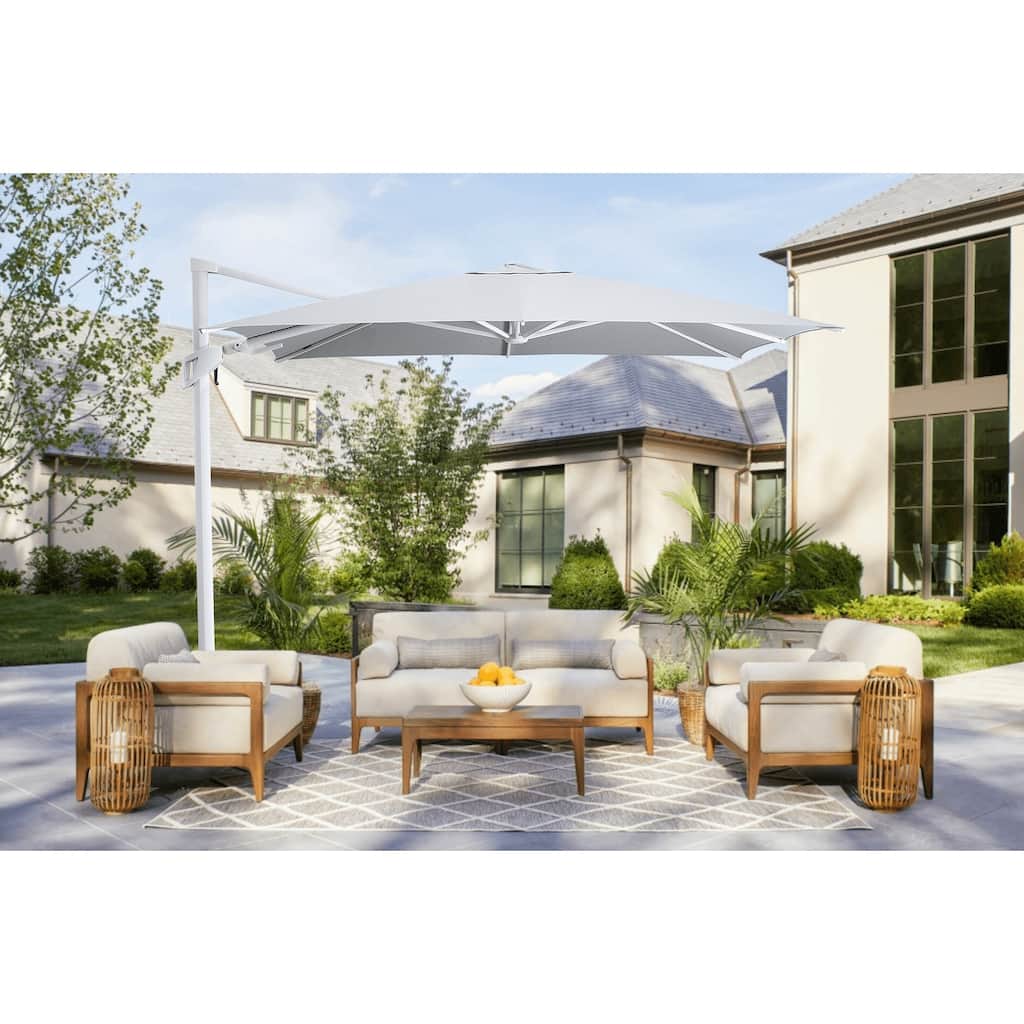 Piola White 10 ft. Square Aluminum Outdoor Cantilever Mouse Grey Fabric Umbrella with Granite Base