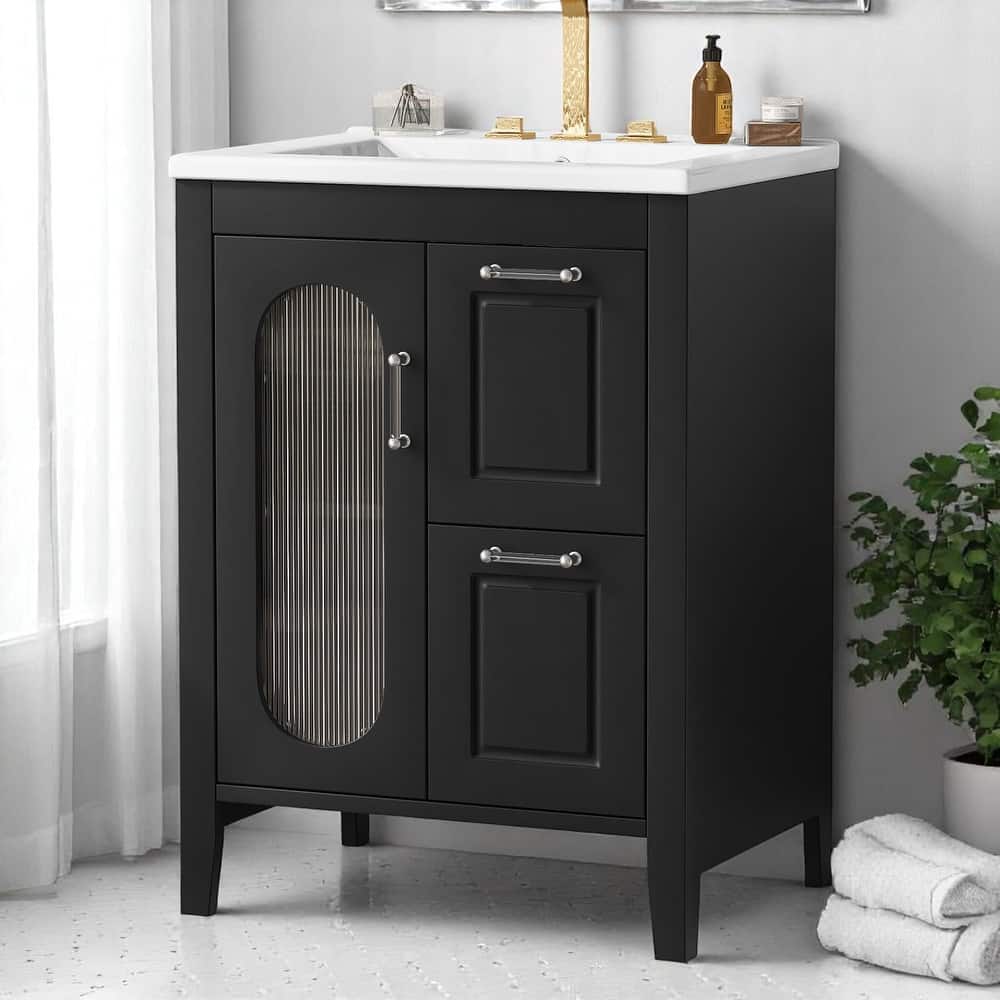 Modern 24" Bathroom Vanity with Sink, Ceramic Top, Adjustable Shelf, 2 Drawers and Door, Solid Wood