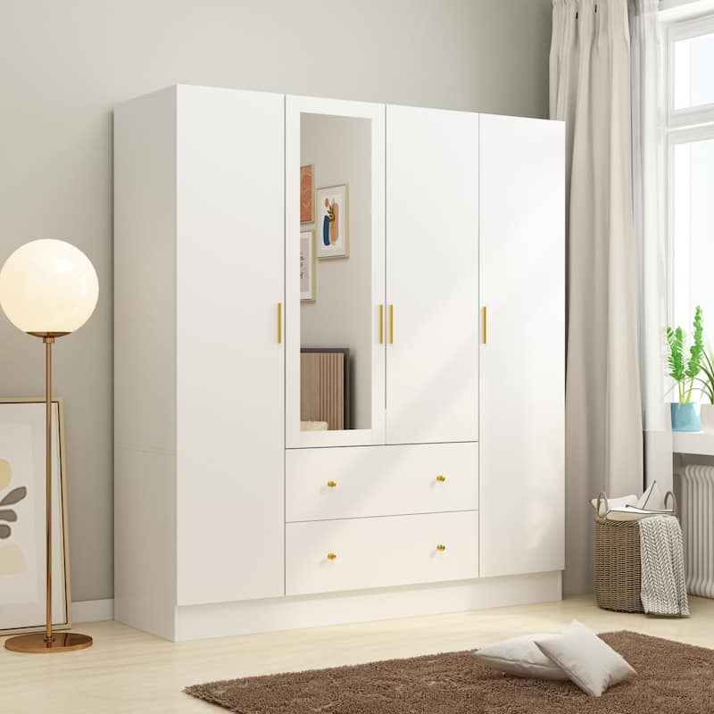 4 Door Wardrobe Large Storage Cabinet Armoire with Mirror and 2 Drawer - White70.9"x63“