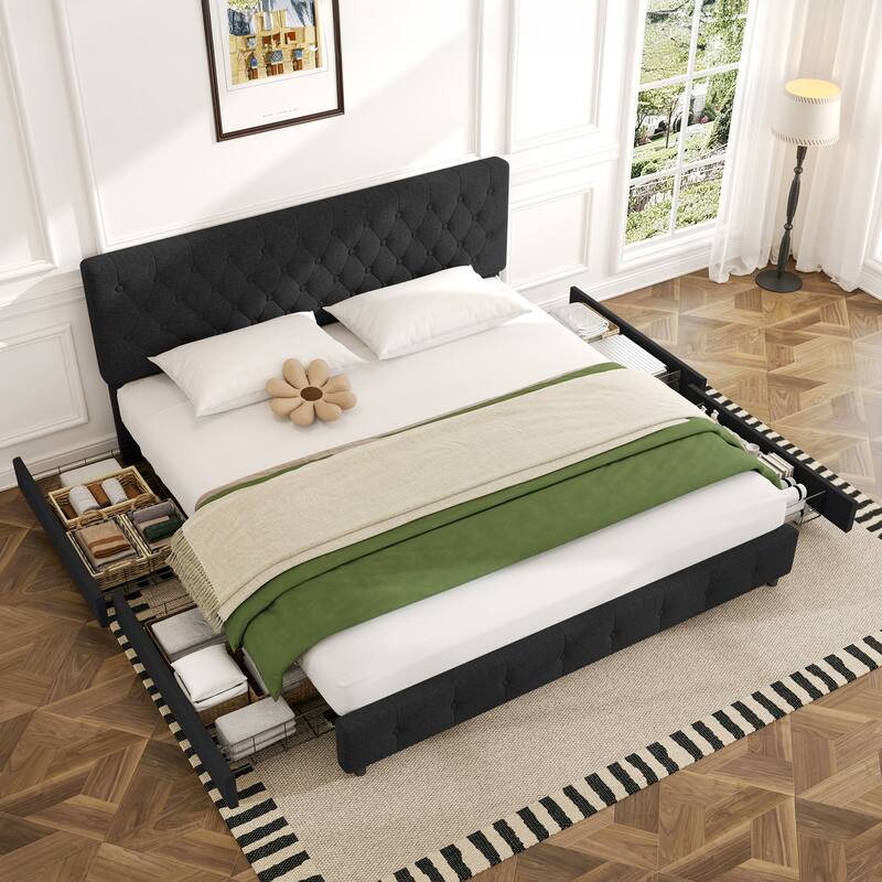 Linen Upholstered Headboard Bed Frame with Large Hidden Storage, 4 Underbed Drawers with Pulleys