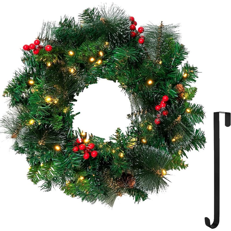 Joyfy 20" Artificial Christmas Wreath with 15" Hanger, Battery Operated