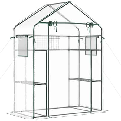 Outdoor Walk-in Mini Greenhouse with Mesh Door & Windows, Small Portable Green House with 3 Tiers 6 Shelves Trellis