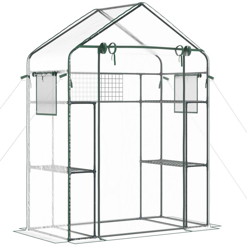 Outsunny Outdoor Walk-in Mini Greenhouse with Mesh Door & Windows, Small Portable Garden Hot House