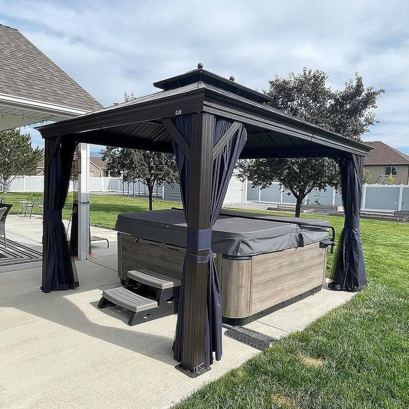 PURPLE LEAF Outdoor Hardtop Gazebo For Patio Bronze Aluminum Frame Pavilion With Navy-Blue Curtain