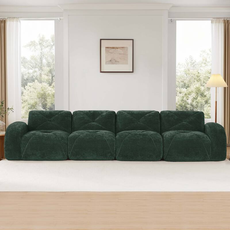 Roomfitters 114 Inch Modular Floor Sofa, Fluffy Plush Sectional with Ottoman, Chocolate - Green 140''