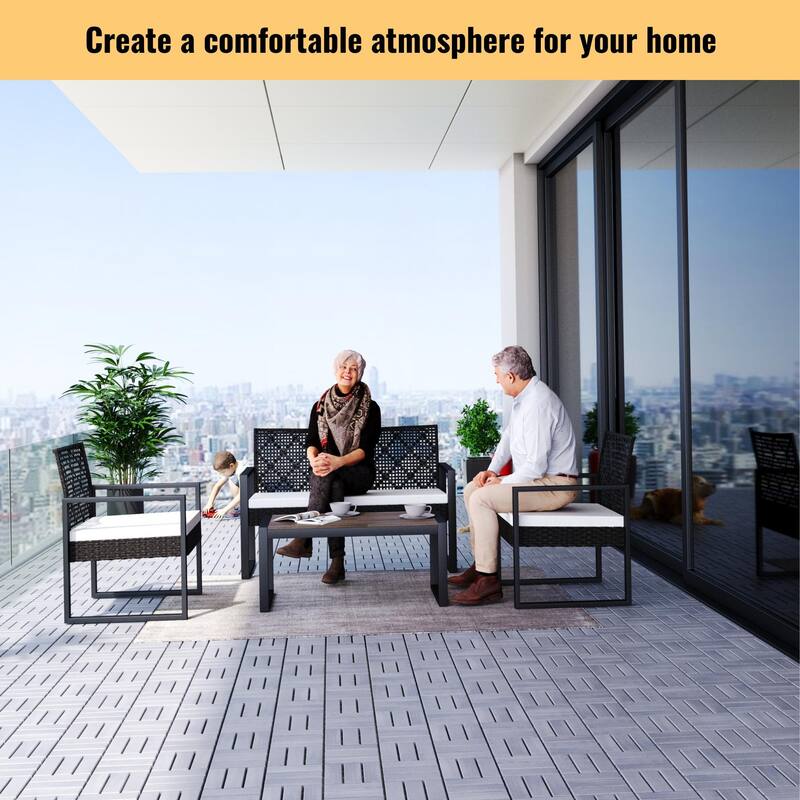 10 PCS Interlocking Deck Tiles Checker Pattern, 12" x 12" Light Gray Square Acacia Hardwood Outdoor Flooring