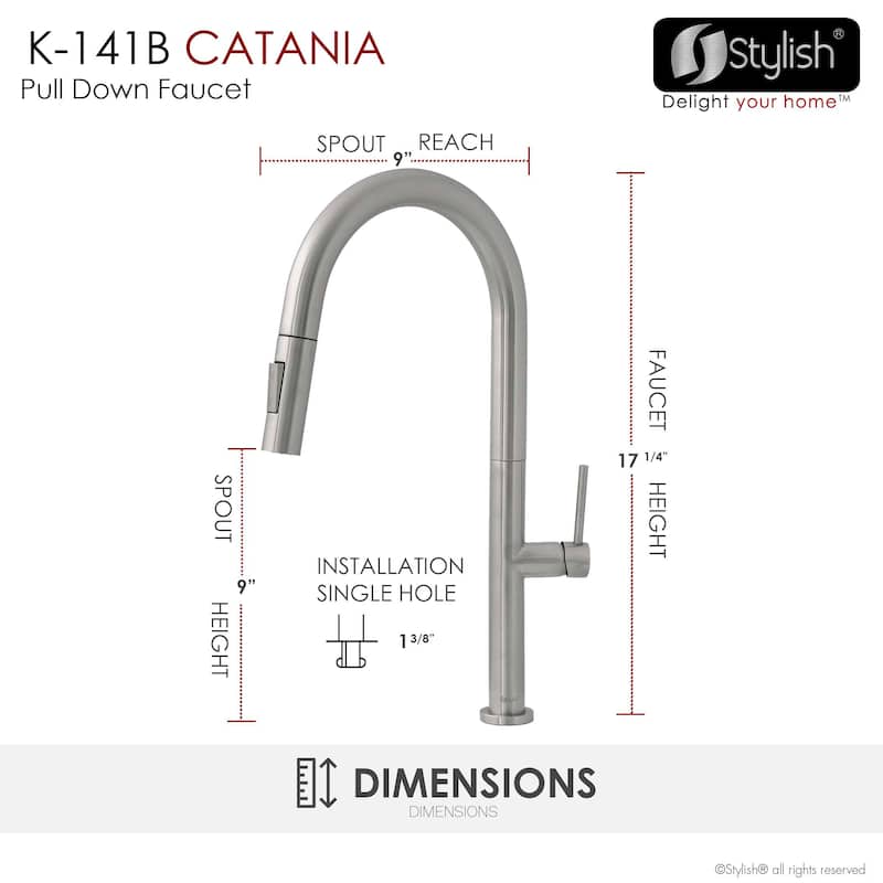 Single Handle Pull-Down Sprayer Kitchen Faucet K-141 - Height: 17.25" Spout H: 9" Spout R: 9"