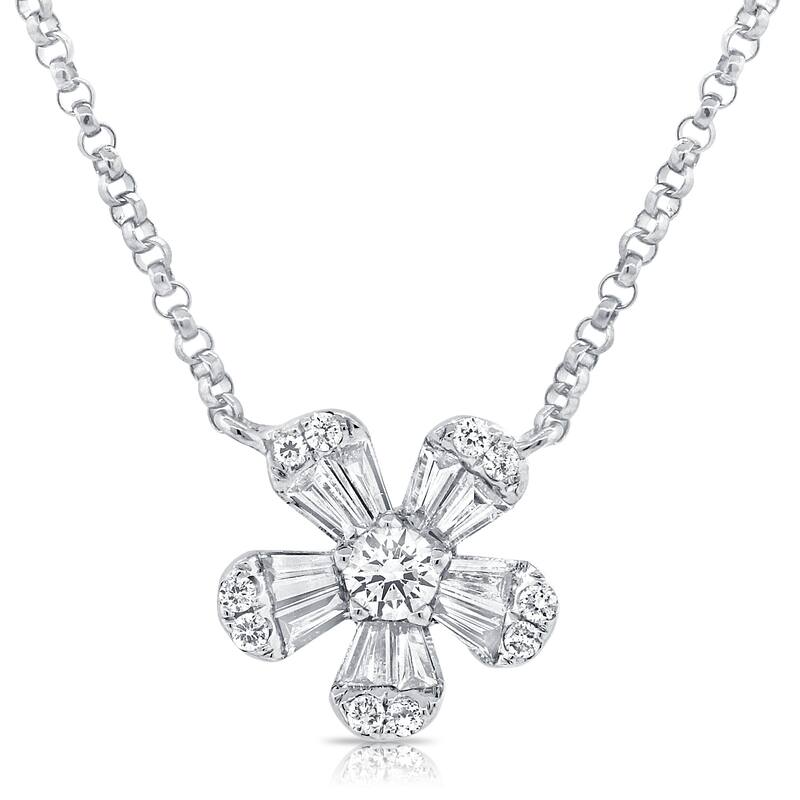 Joelle Collection Baguette Diamond Flower Necklace 14K Gold