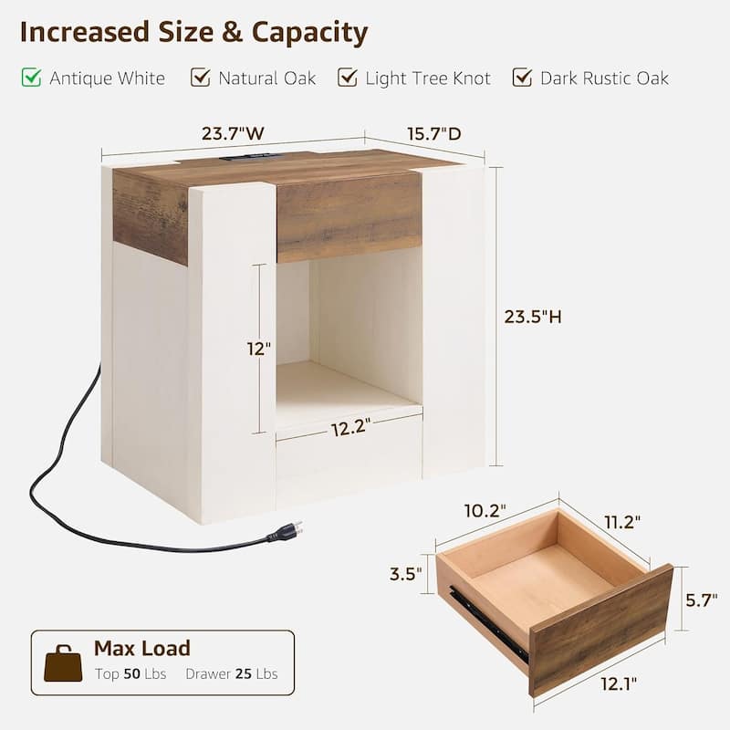 Modern Nightstand with Charging Station, End Table w/Hidden Drawers