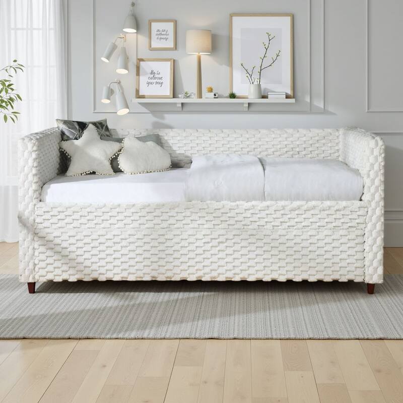 Lya Daybed w Pull Out Trundle, Textured Tufted White Dove Upholstery