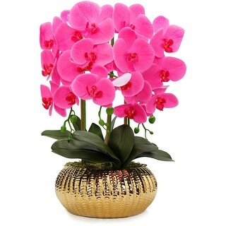 Pink Orchid plant in flat Round gold Hammered vase - On Sale - Bed Bath ...