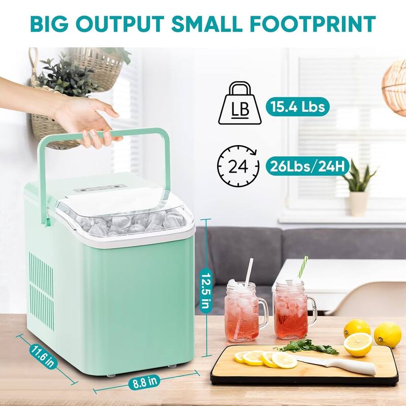 Countertop Ice Maker with Handle, Ice in 6Mins, 26 Lbs/24H, 2 Sizes Bullet, Portable Ice Maker Machine with Self-Cleaning