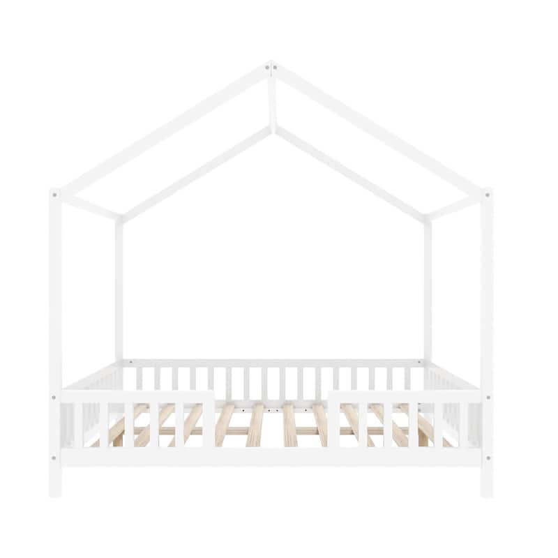 Montessori Bed, House-shape Frame Platform Bed for Kids Toddler, Wood House Daybed with High Railings and Roof, Canopy Bed Frame
