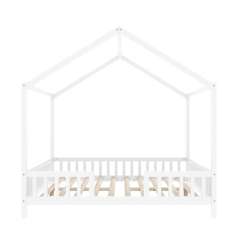 Montessori Floor Bed with Canopy, Full Bed Frame for Kids, House Shape Toddler Bed Frame with High Railings