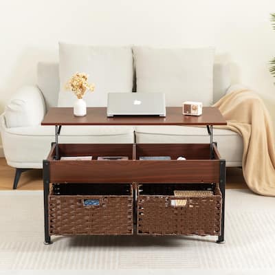 Metal Coffee Table with Lifting Top and Hidden Storage Space, Removable Wicker Baskets
