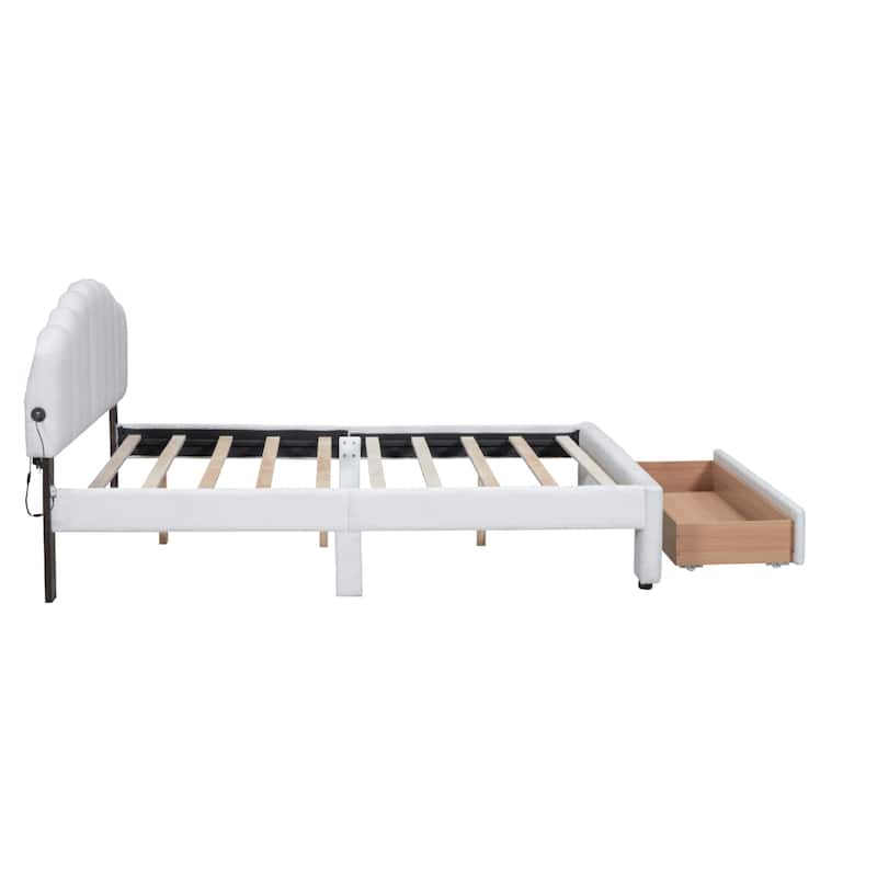 Queen Size Platform Bed with Teddy Fleece Upholstery, Drawer, LED Bed Frame, and USB Ports - Beige/Grey/White