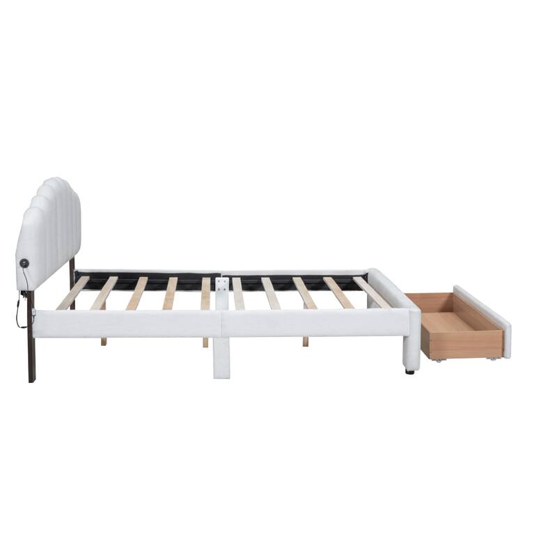 Queen Teddy Fleece Platform Bed with Drawer, USB Ports, and LED Light