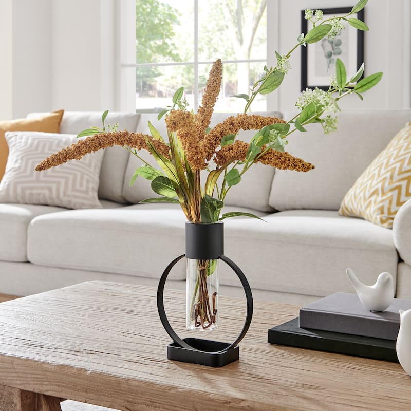 Danya B. Jacob Modern Black Metal Open Circle Pedestal Clear Glass Tabletop Vase