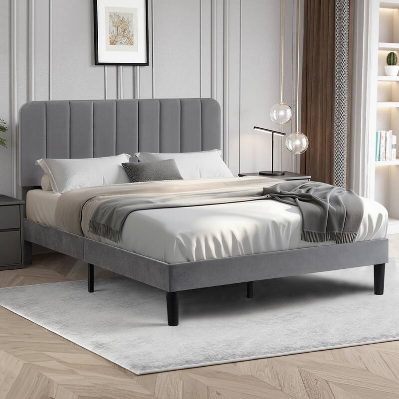 VECELO Modern Upholstered Platform Bed Frame with Adjustable Velvet Headboard Under-Bed Space for Storage No Box Spring Needed