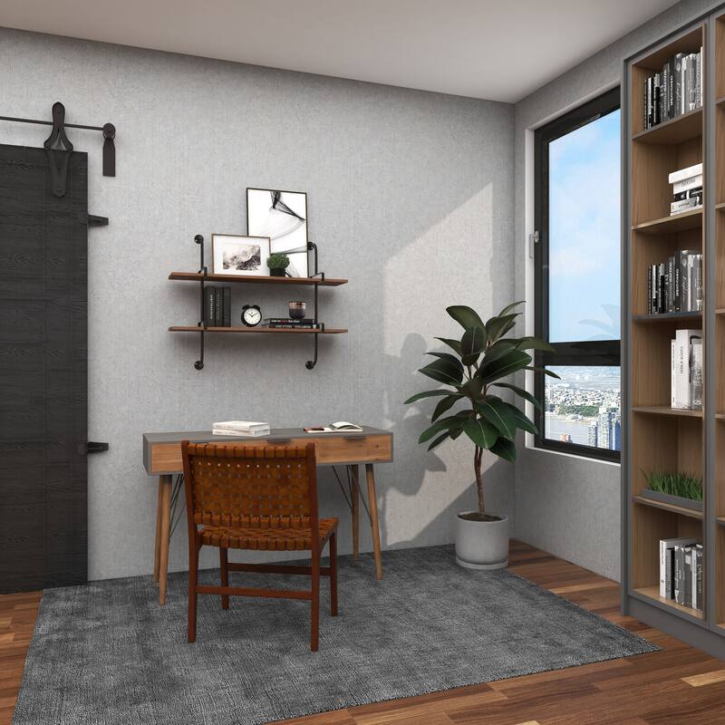 3 Level Wood Wall Shelf with Black Metal Brackets - Brown or Gray