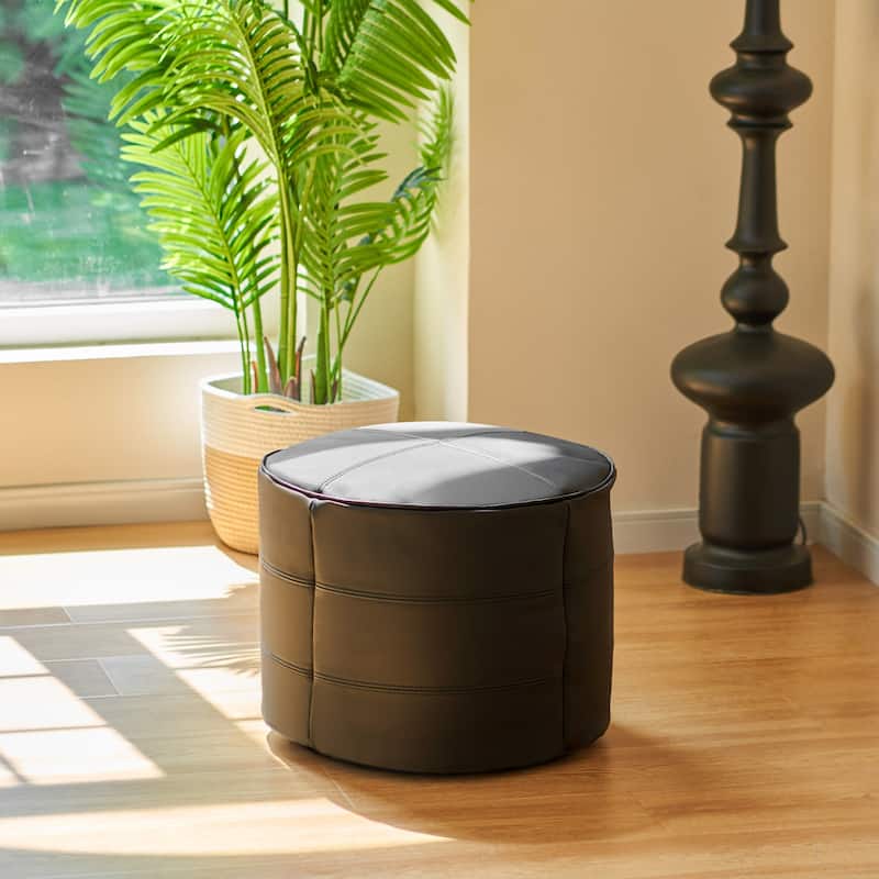 CO-Z 18'' Modern Boho Genuine Leather Pouf Ottoman - Round - Black