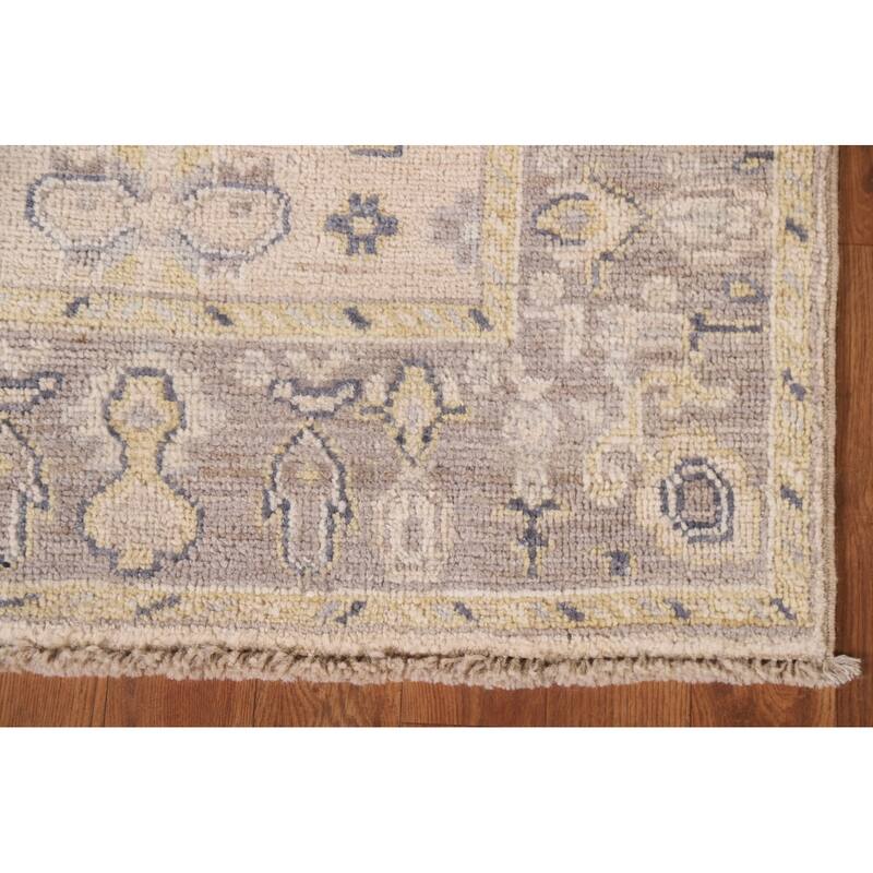 Hand Knotted Oriental 100% Wool Carpet Transitional Geometric Beige & Ivories Oushak Runner Rug - 9' 8'' X 2' 8''