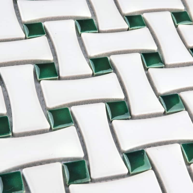 Merola Tile Metro Ion Dog Bone Basketweave Emerald Dot w/Matte White 10" x 10" Porcelain Floor and Wall Tile