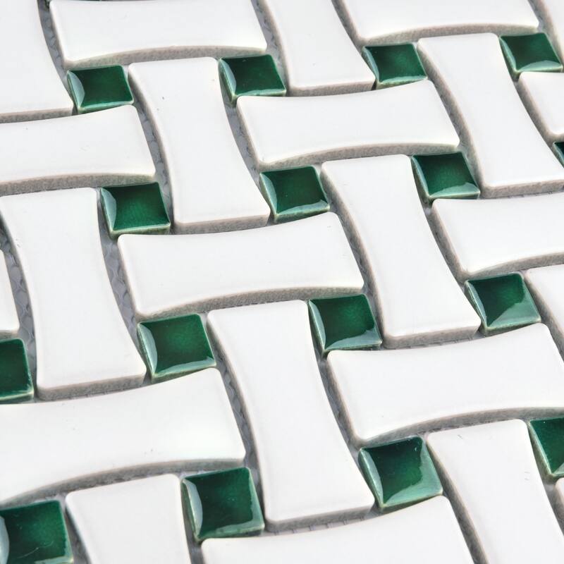 Merola Tile Metro Ion Dog Bone Basketweave Emerald Dot w/Matte White 10" x 10" Porcelain Mosaic Floor and Wall Tile