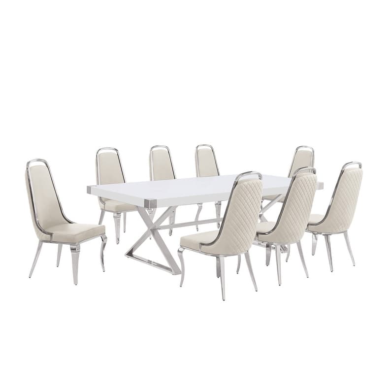 Best Quality Furniture D442/3-SC310-7 Dining Set with 94" White Lacquer Wood Top - 9-Piece - Cream / Silver