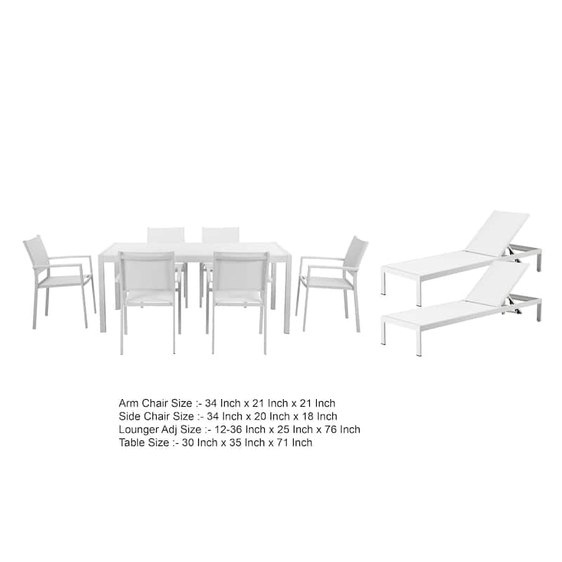 Kris 9 Piece Patio Dining and Lounge Set, White Textilene Seating, Aluminum