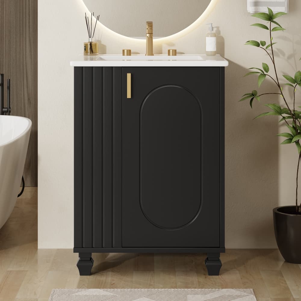 24" Bathroom Vanity with Ceramic Sink, Soft Closing Door and Side Open Storage, Solid Wood Frame Bathroom Cabinet