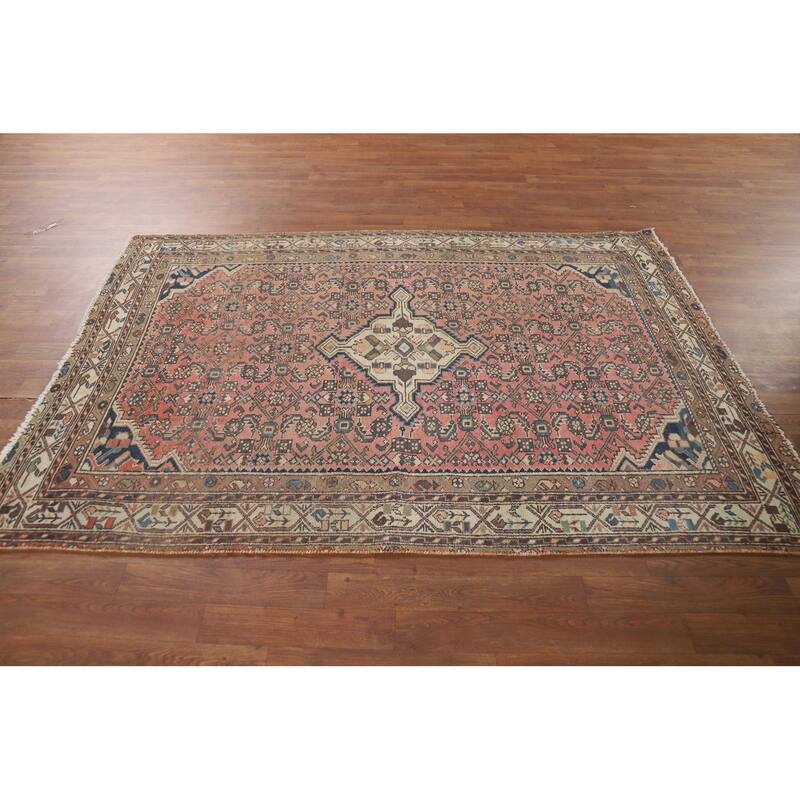 Pink Geometric Hamedan Persian Vintage Area Rug Handmade Wool Carpet - 4'8" x 6'10"