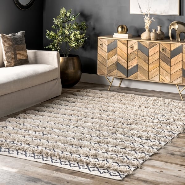 slide 2 of 9, Nuloom Boho Ivory Handmade Casual Lavish Diamond Overstriped Area Rug 6' x 9' - Ivory - Rectangle