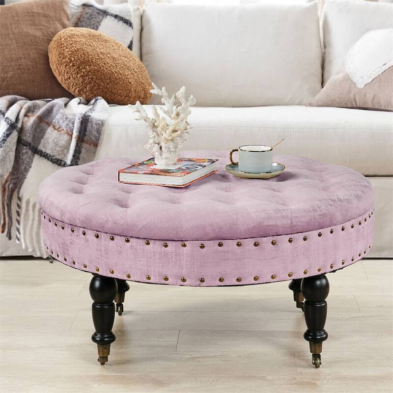 Round Velvet Tufted Coffee Table Ottoman, 34" x 34" x 17" H