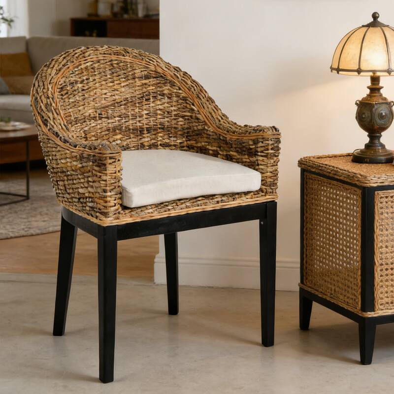 Boho Natural Rattan Backrest With Upholstered Armchair - Single - Natural Blackwash Black