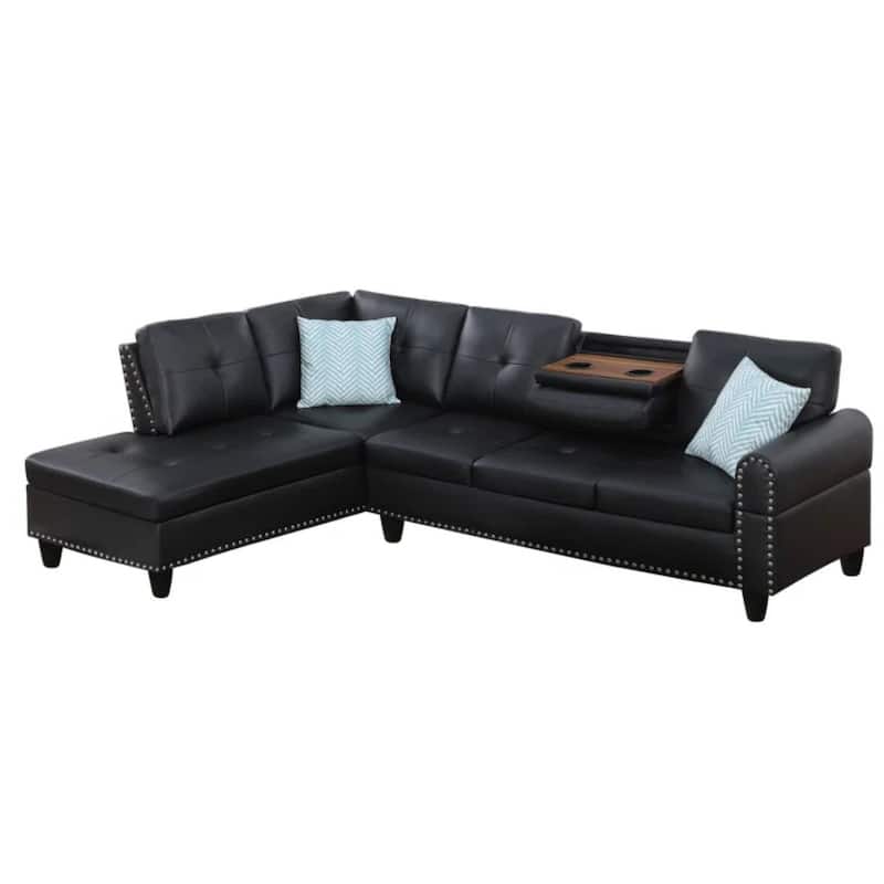 98" Faux Leather L-Shaped Sectional Sofa with Pillows & Cup Holders