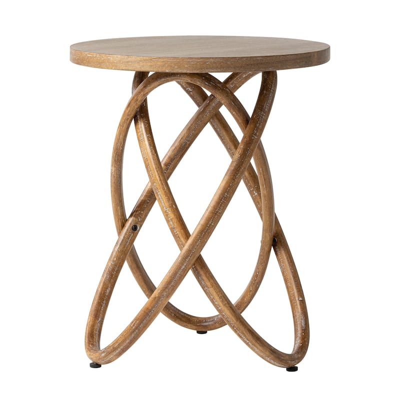 COZAYH Farmhouse End Table Round Wood Side Table Rustic Plant Stand With Intertwined Line Design