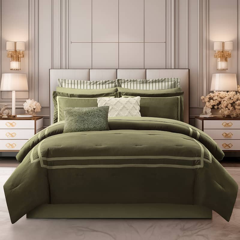 Wonderful Hotel Comforter Set Bag in A Bag 8 Piece - 23031-Dark Green - Queen