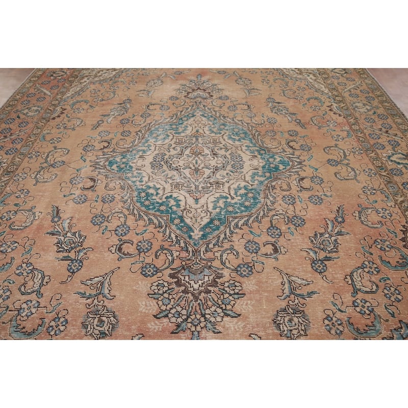 Distressed Tabriz Vintage Persian Rug Dining Room Handmade Wool Carpet - 9'3" x 12'9"