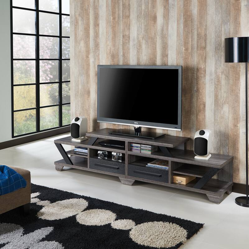 DH BASIC Modern Gray 82" Wide Open Shelf Tiered TV Stand by Denhour - Distressed Grey/Black