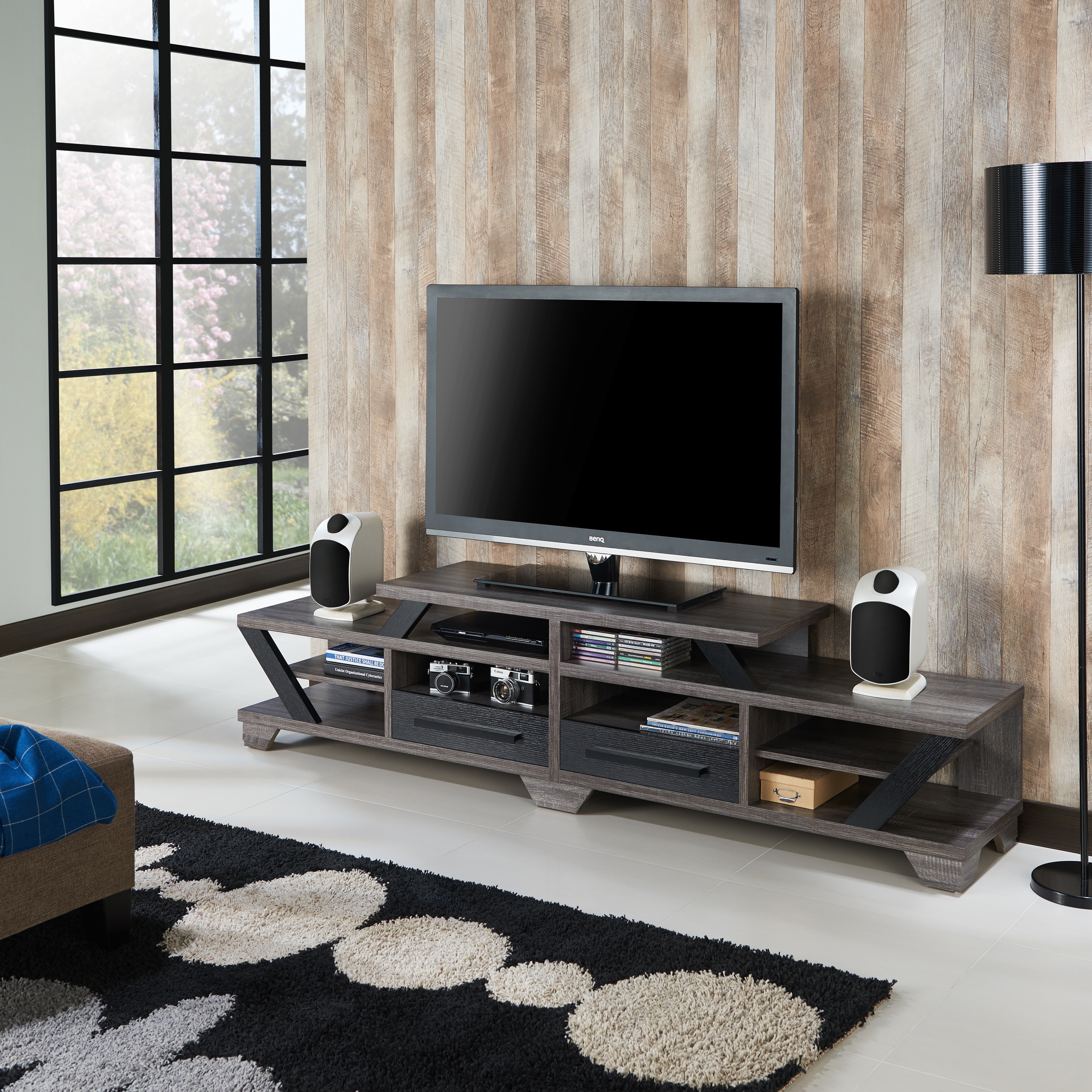 DH BASIC Modern Gray 82" Wide Open Shelf Tiered TV Stand
