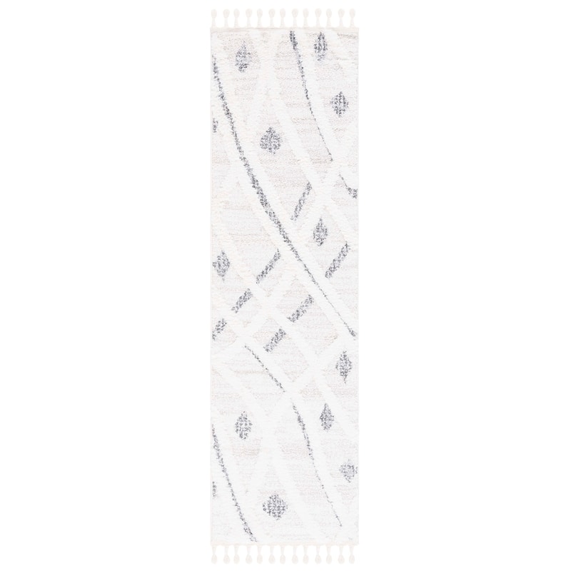 SAFAVIEH Moroccan Tassel Shag Sofika 2-inch Thick Rug - 2'3" x 8' Runner - Beige/Grey