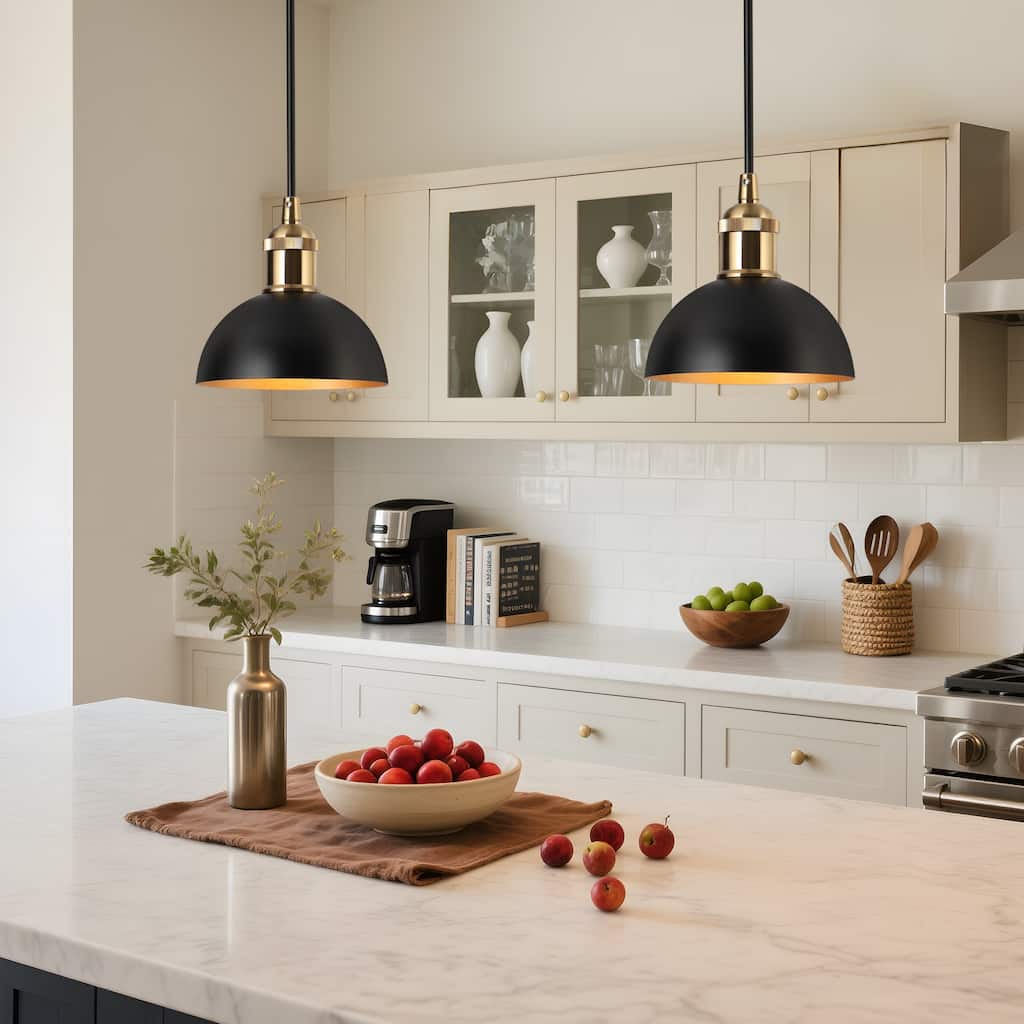 Modern Industrial 1-Light (6 Inch) Dome Black Gold Metal Pendant Light for Kitchen Island - 6" D x 6'' H